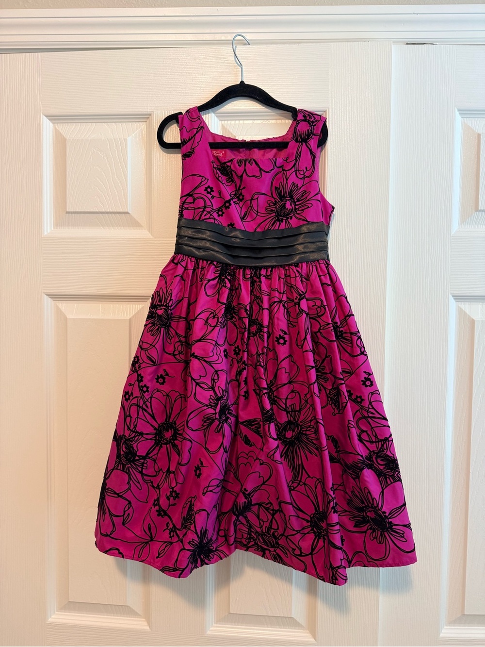 Girls' Fuchsia Floral Formal Dress with Black Waistband